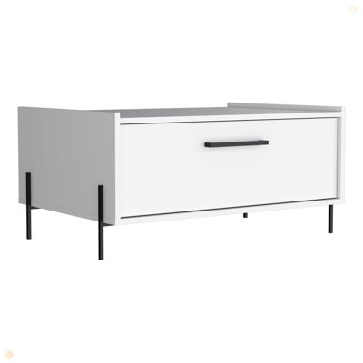 15" High Minimalistic Coffe Table With Pull Down Cabinet And Open Shelf