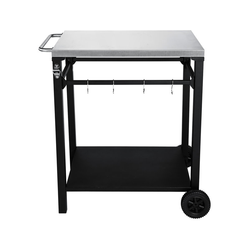 Chariot de barbecue extérieur avec configuration à 2 niveaux, plateau en acier inoxydable, cadre noir, grandes roues, crochets à outils, table de préparation pour barbecue, cour arrière, four à pizza, capacité de rangement