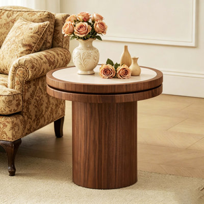 19.49 Inch Round Side Table With Sintered Stone Top And Walnut MDF Base For Living Room