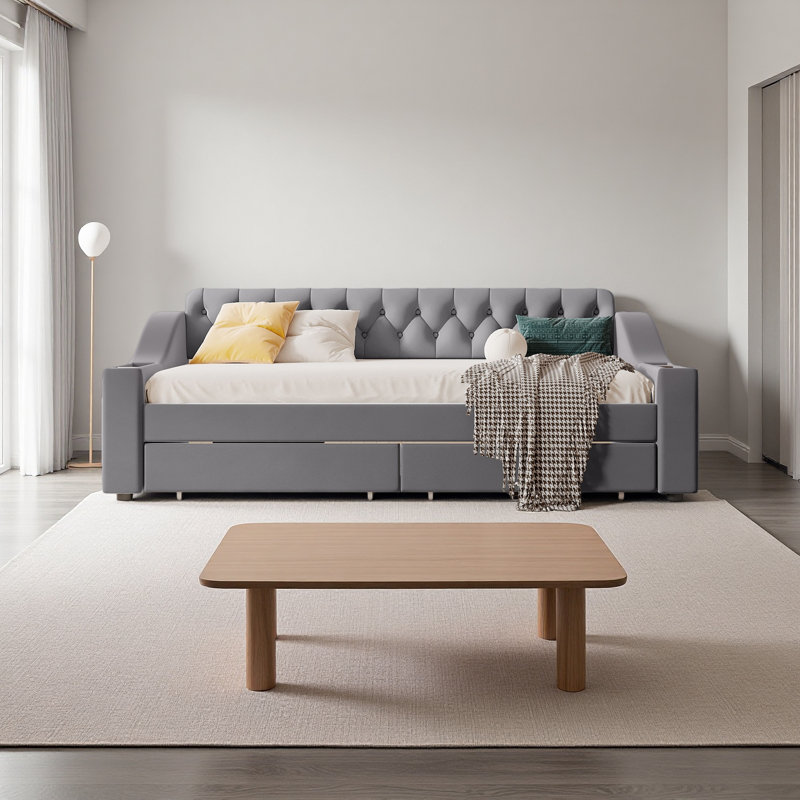 Twin Size Upholstered Daybed With Storage Armrests And USB Port, Gray