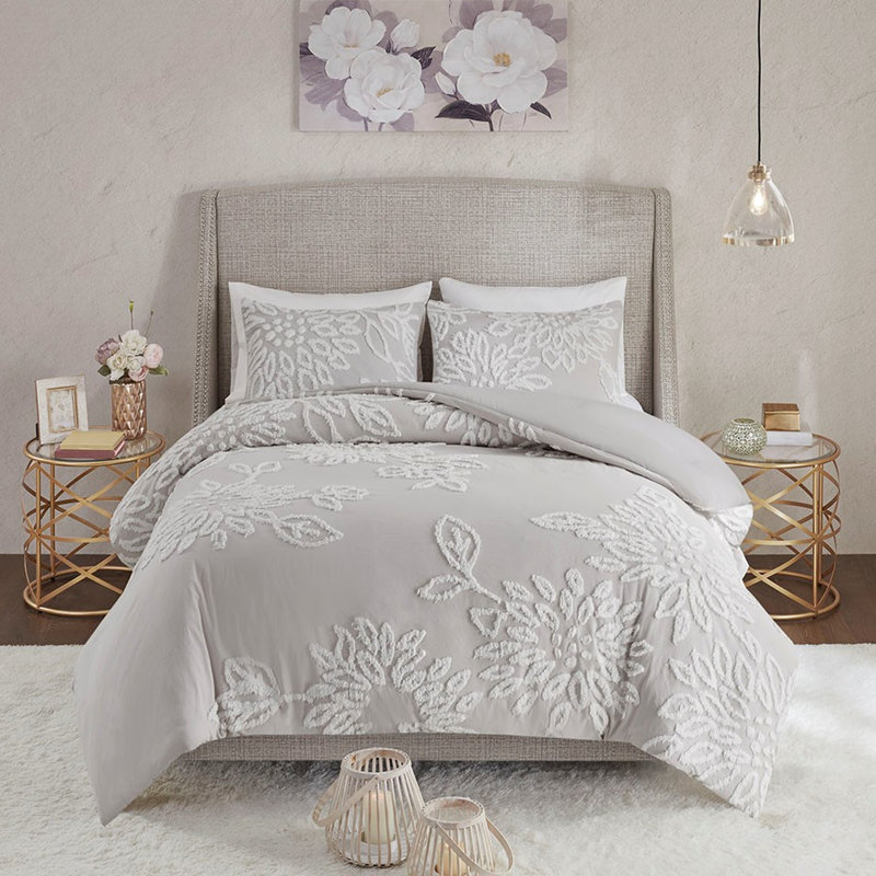 Ensemble de housse de couette pour très grand lit / très grand lit 3 pièces - Chenille, coton, motif de fleurs grises, décor de chambre 100% floral