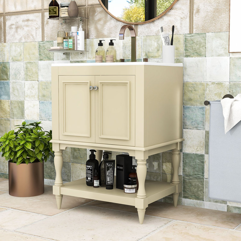 Meuble-lavabo moderne avec lavabo en céramique, armoire de rangement et tablette ouverte, Beige