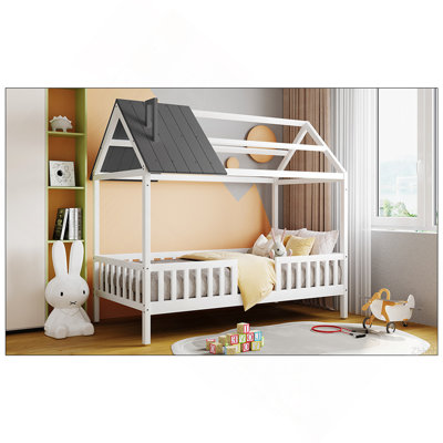 Twin Size Wood House Bed with Fence