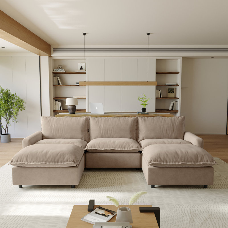 Canapé modulaire inclinable en U Moncada, Lin kaki, H 35,04 po x l 116,14 po x P 59,44 po
