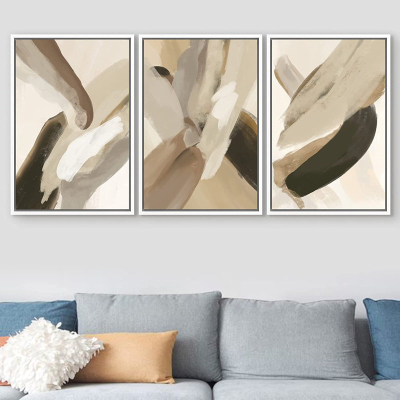 Ensemble de 3 peintures sur toile avec cadre flottant, H 24 po x l 32 po x P 1,5 po, Blanc