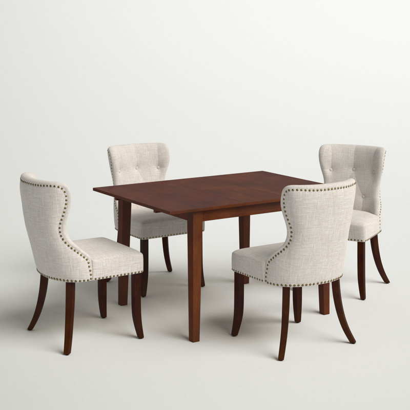 5 Piece Dining Table Set Includes a Rectangle Kitchen Table with Butterfly Leaf and 4 Doeskin Linen Fabric Upholstered Chairs, Mahogany