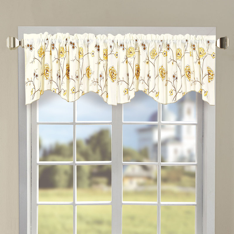 Gold Floral Embroidered Scalloped Window Valance with Rod Pocket