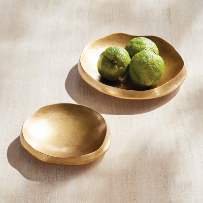 Hand-Cast Aluminum Thick-Profile Round Decorative Bowls in Gold, Set of 2