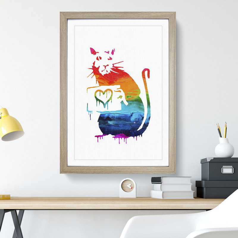 Banksy in Gold Rat with Heart - Framed Print, Oak Framed, 36cm H x 27cm W x 2cm D, White/Blue/Turquoise
