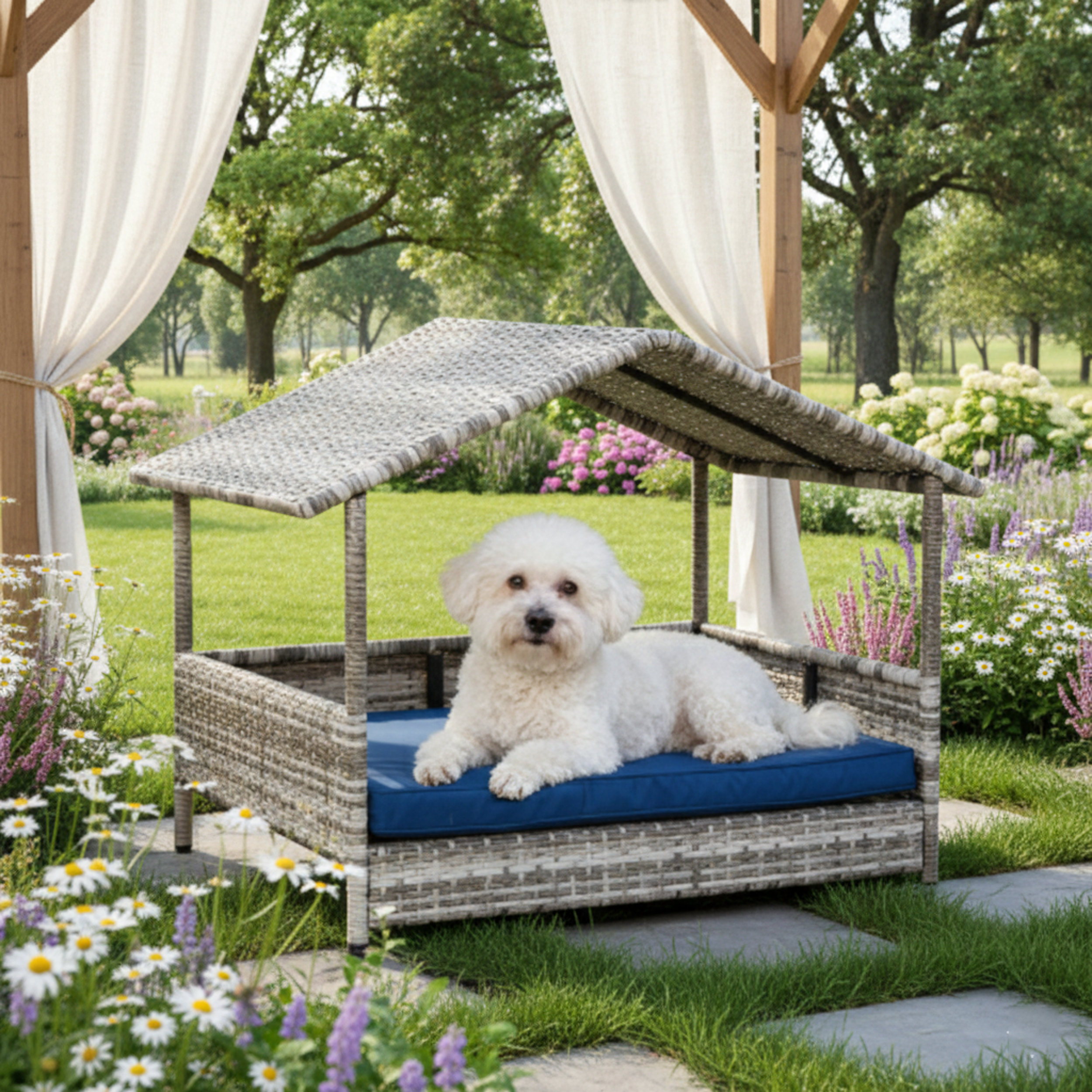 Hokku Designs Elevated Rattan Pet Bed With Weather-Resistant Canopy And ...