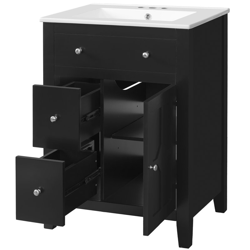 Meuble-lavabo de 24 pouces avec lavabo en céramique de style champêtre français, tiroirs coulissants et espace de rangement réglable pour les rasoirs