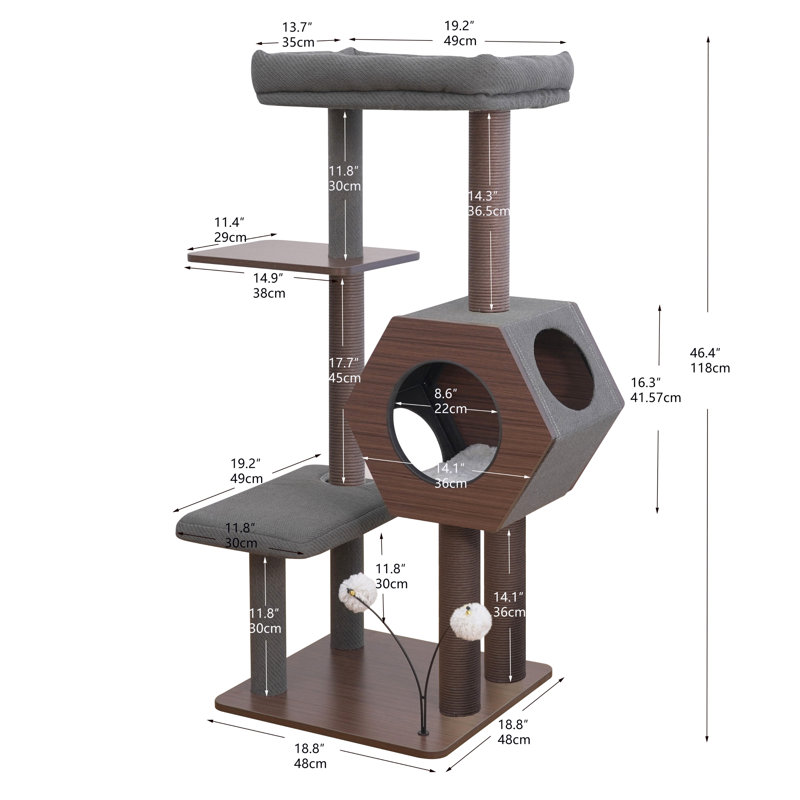 Arbre à chat de style Mid-Century à 5 niveaux 47 pouces avec condos hexagonaux PetPals Wagon 2.0, grattoirs recyclés, lit et jouets lavables, assemblage rapide, idéal pour les chats de taille moyenne, les maisons modernes et la vie durable