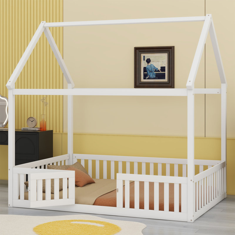 Lit en bois avec clôture et porte, Double, Blanc