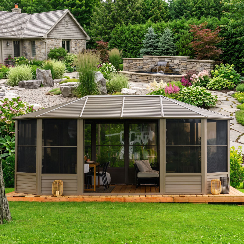Gazebo Penguin Florence 3,65 m x 5,50 m, Solarium avec toit en métal - Sable, 18 pi. L 12 pi. D, Sable, Sable