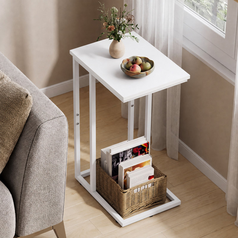 Table de bout en C 24,9 po avec plateau en bois massif et base en acier pour canapé, côté lit, Blanc