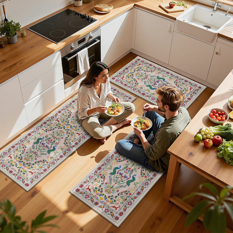 Machine Washable Non-Slip Kitchen Mat, Beige/Yellow/Red