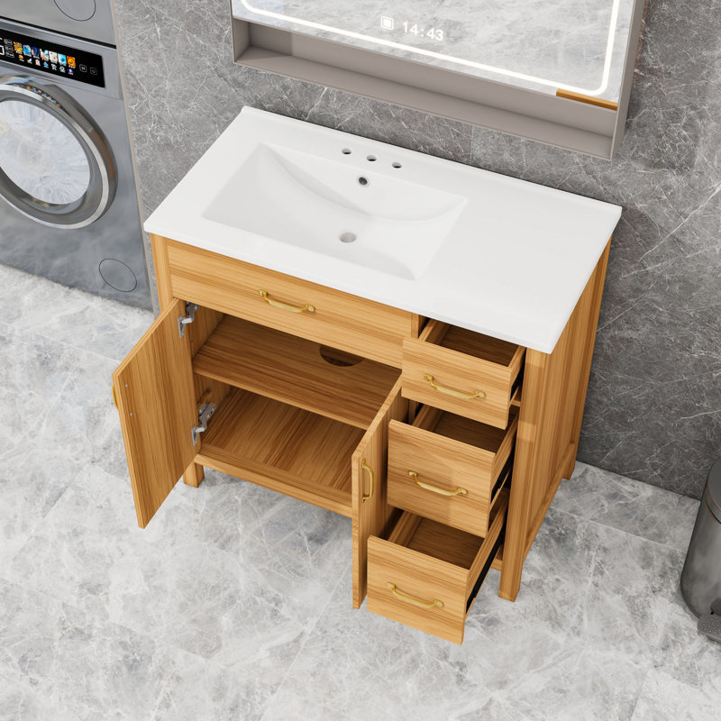 Meuble-lavabo 3 tiroirs avec lavabo en céramique, tablette réglable et armoire de rangement