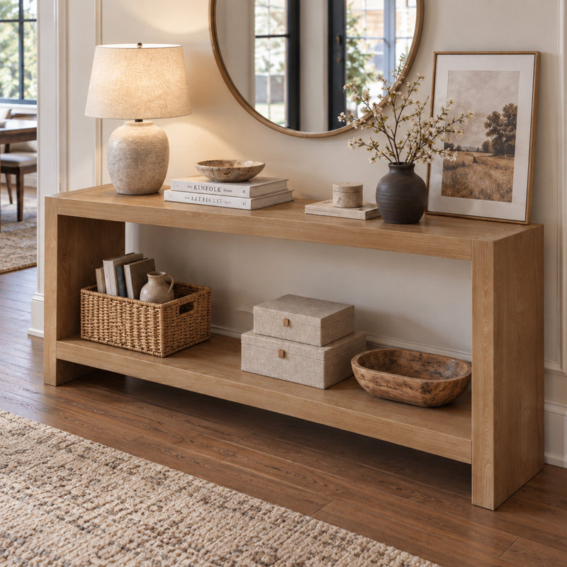 Console moderne de style campagnard à deux niveaux avec tablette ouverte et grand espace de rangement, idéale pour l'entrée, le salon, le couloir ou derrière un canapé. Parfait pour l'entrée, le salon ou pour se placer derrière un canapé.