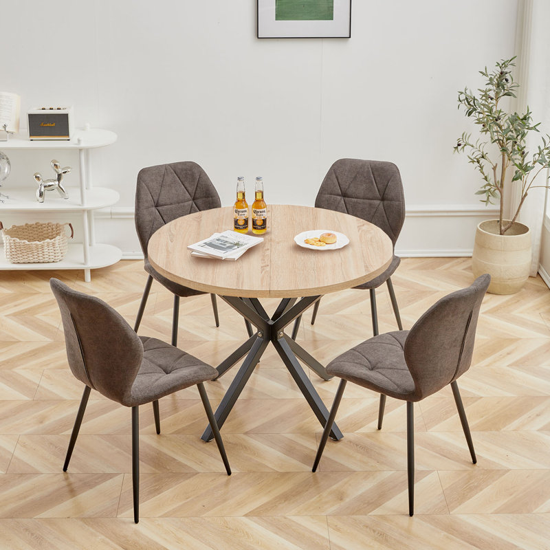 Modern Simple Round Solid Wood Dining Table Set - Set Of 4 Diamond Pattern Velvet Dining Chairs - Metal Legs - For Living Room/Bedroom