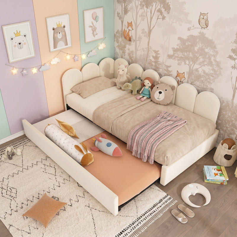Upholstered Daybed with Trundle, Beige