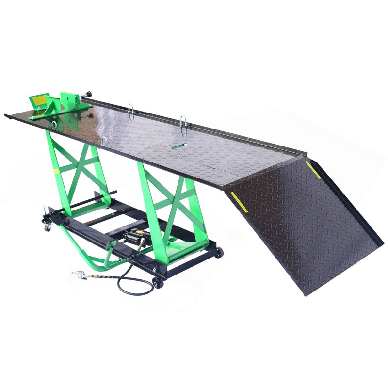 Élévateur pneumatique pneumatique 1000 lb Table élévatrice de capacité mobile pour VTT / motocyclettes, cric manuel / pneumatique robuste avec rampe amovible