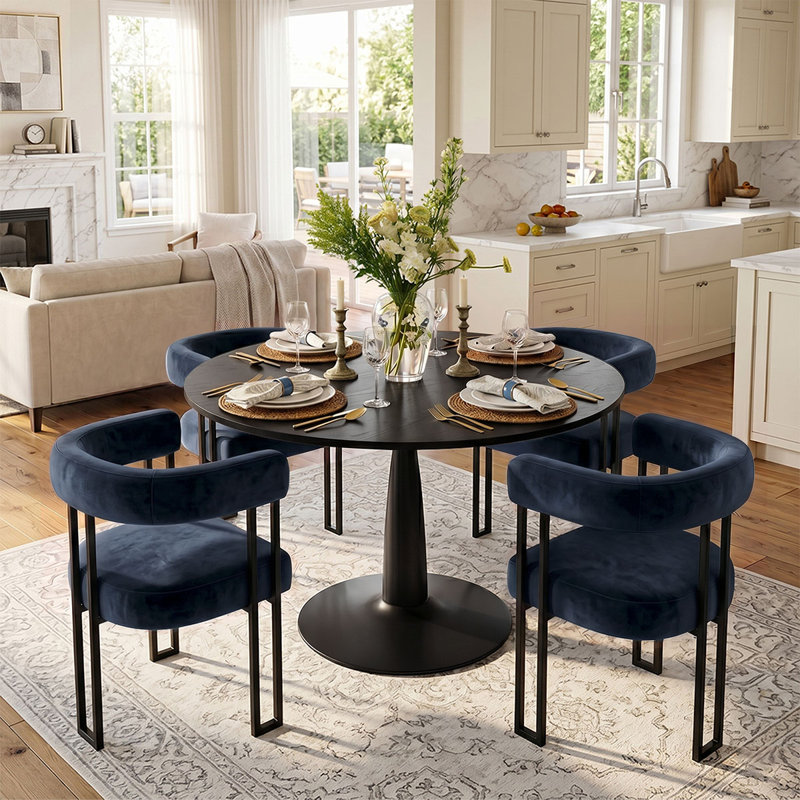 4 - Person Dining Table Sets With Round Table & 4 Upholstered Velvet Chairs, Blue