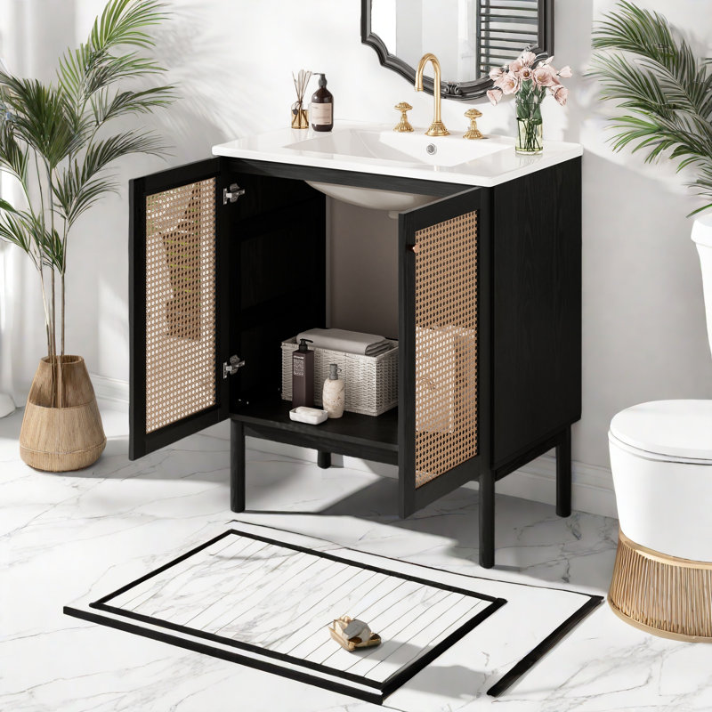 Meuble-lavabo de 30 pouces fabriqué à partir de matériaux naturels, avec des portes en rotin faites à la main et des mécanismes de fermeture en douceur