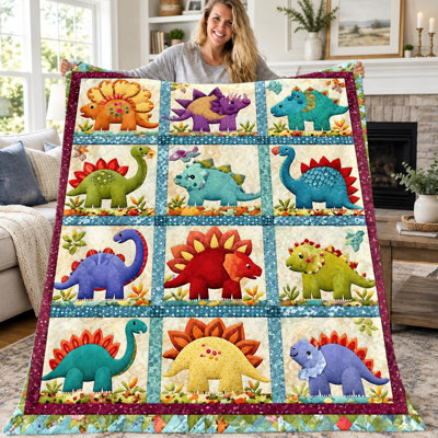 1pc Dinosaur Quilt Blanket, Cute Cartoon Dinosaur Patchwork Pattern Flannel Quilt, Super Soft Cozy Lightweight Warm Quilt for Sofa Bed Living Room Dorm Office Travel, Home Decor All‑Season Quilt, Machine Washable, Kids Gift