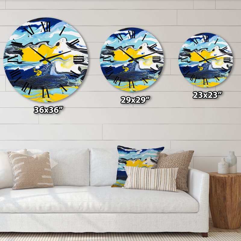 Composition abstraite de marbre jaune et bleu II - horloge murale moderne, Grand