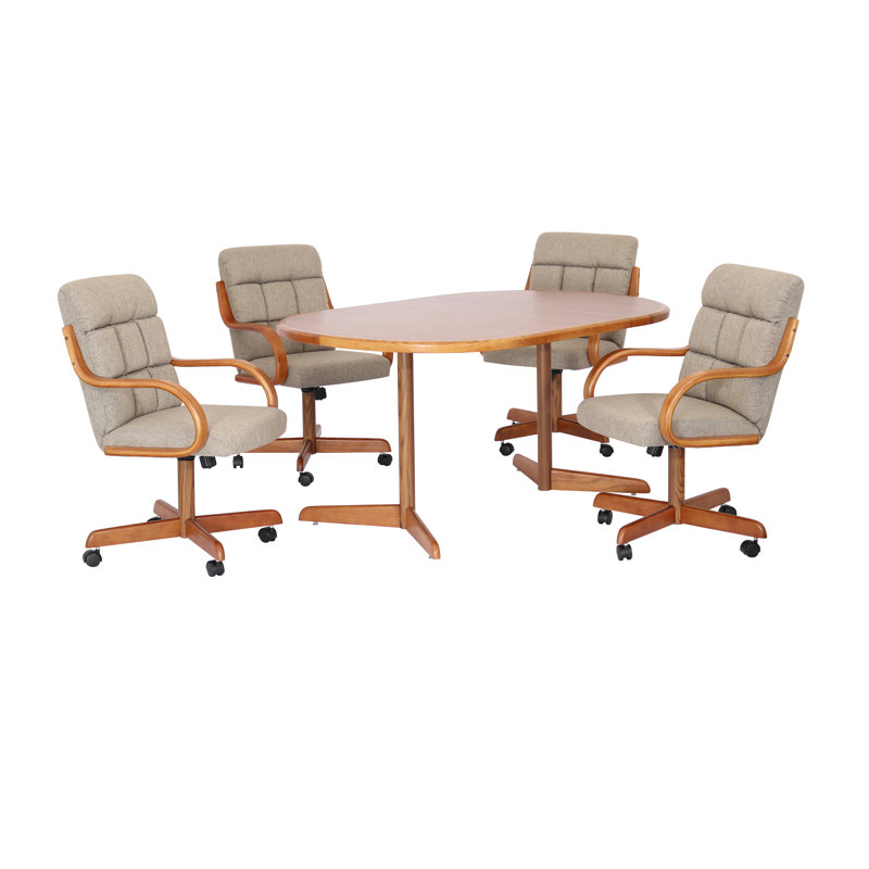 Ensemble de salle à manger extensible à roulettes double piédestal 5 pièces Aithley, Tweed grillé