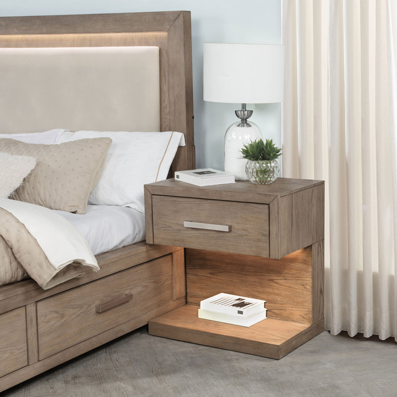 Table de chevet 1 tiroir Barley Brown avec éclairage DEL et tablette de rangement | Idée de cadeau