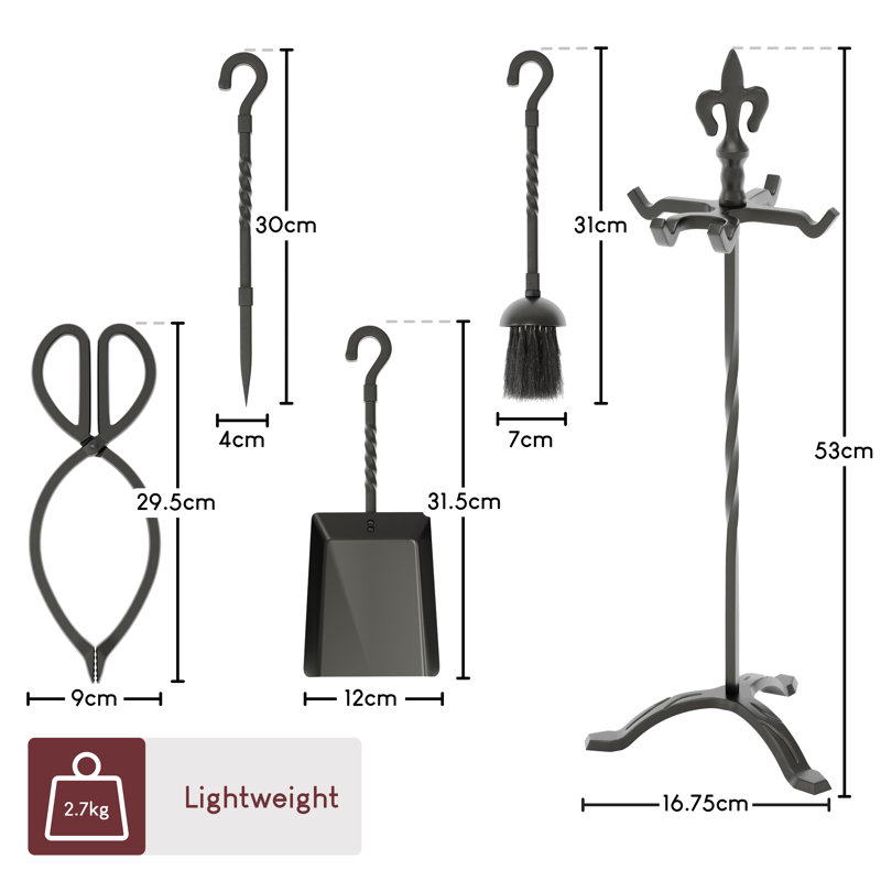 Vida Fleur-de-Lys Steel Fireplace Tool Set, Black