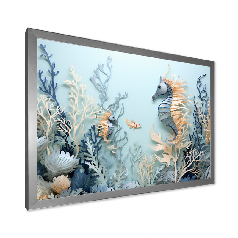 Collage dansant bleu et blanc avec des dragons de mer - Décoration murale plage et océan, Cadre simple argenté