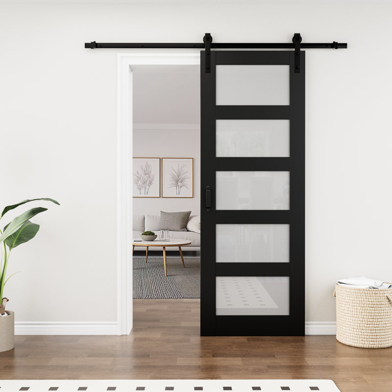 Porte de grange coulissante en verre et bois 80 po H 5-Lite avec ensemble de quincaillerie d'installation, 30 po x 80 po