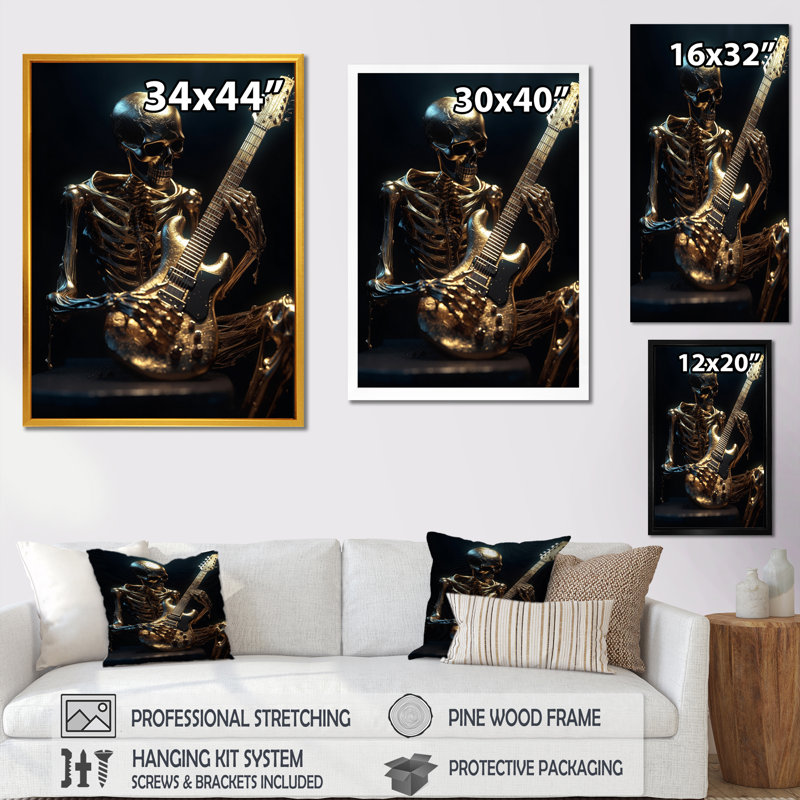 Squelette doré se balançant sur toile, Cadre d'angle fermé noir, H 32 po x l 24 po x P 1 po