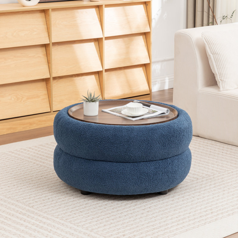 Upholstered Round Storage Ottoman, Navy
