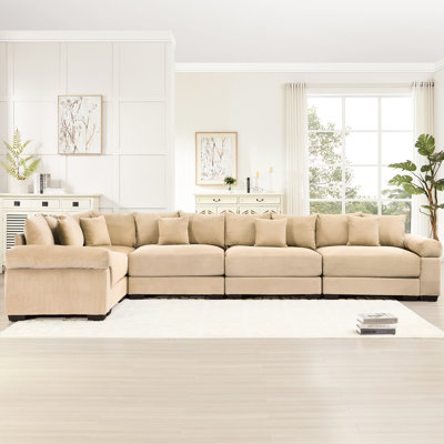 Canapé d'angle convertible à assise profonde avec coussins surdimensionnés, 16 coussins décoratifs, velours côtelé, design ergonomique pour un confort optimal, fonction modulaire 5 places Camel Cloud, revêtement en velours côtelé doux extra large et épais.