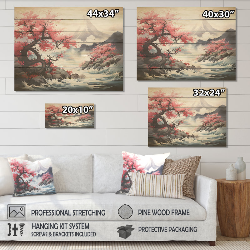 Fleurs de cerisier roses du printemps au Japon rose - Japon sur bois, H 10 po x l 20 po
