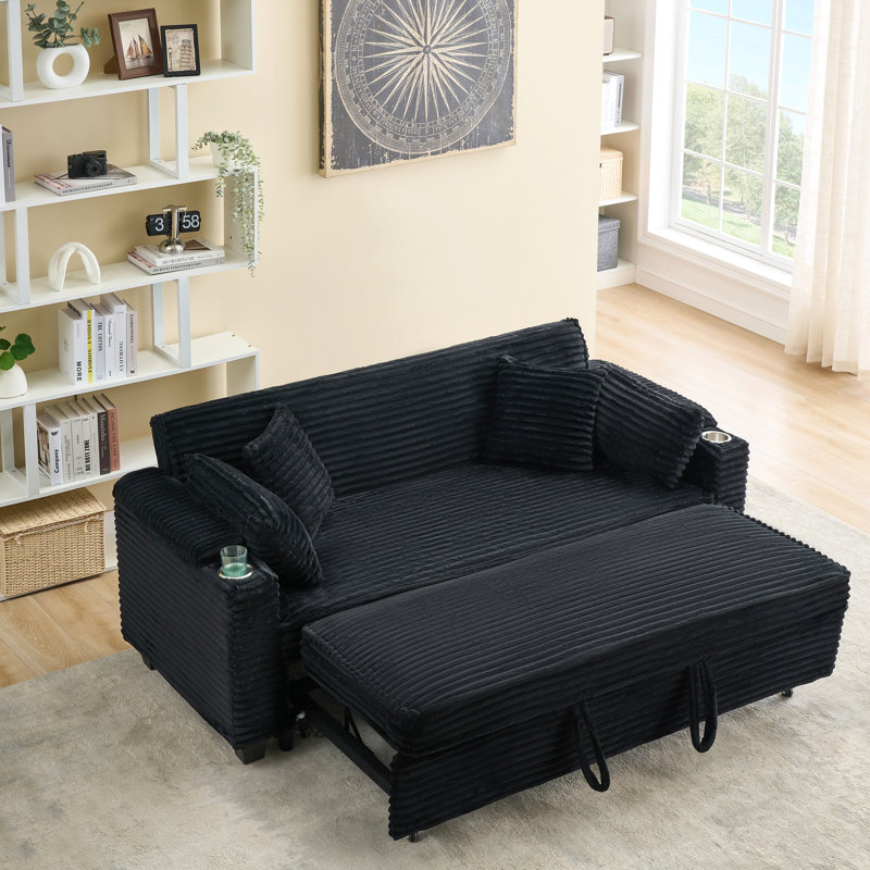80 Inch Corduroy Convertible Sofa Bed With Cup Holders And Storage - Multi-Functional Futon For Living Room, Apartment, Bedroom