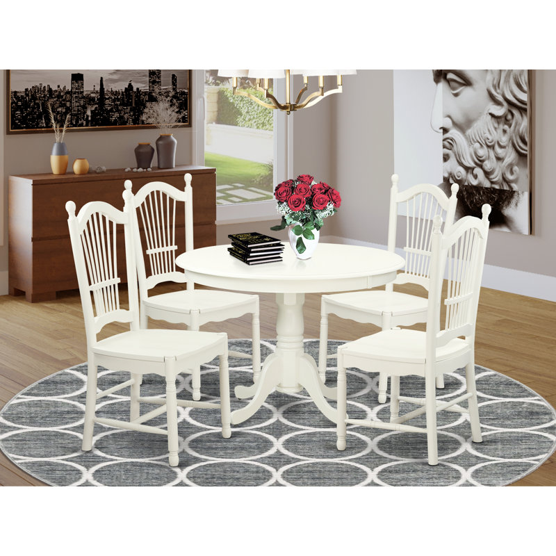 5 Piece Dining Table Set for 4 Includes a Round Kitchen Table with Pedestal and 4 Dining Room Chairs, Linen White