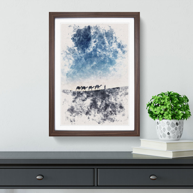 Camels Trekking In Morocco Watercolour - Picture Frame Graphic Art, 63cm H x 45cm W x 2cm D, Walnut Framed