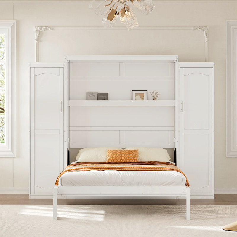 Lit escamotable double avec garde-robe et 2 tablettes de rangement, Blanc