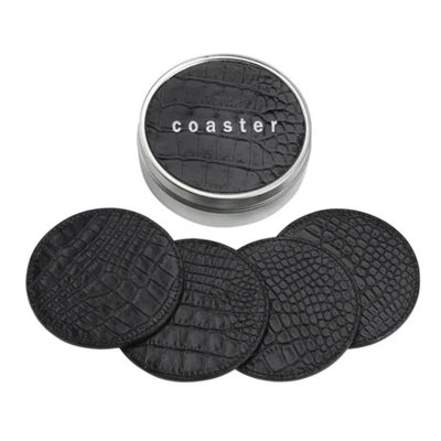 Graphic Image 4 Coasters with Tin Box, Leather,Embossed Croc Leather