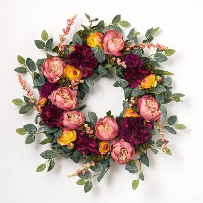 Couronne de porte d'entrée automnale (56 cm) : renoncules jaune sangria, pivoines mauves et hortensias bordeaux - 56 cm