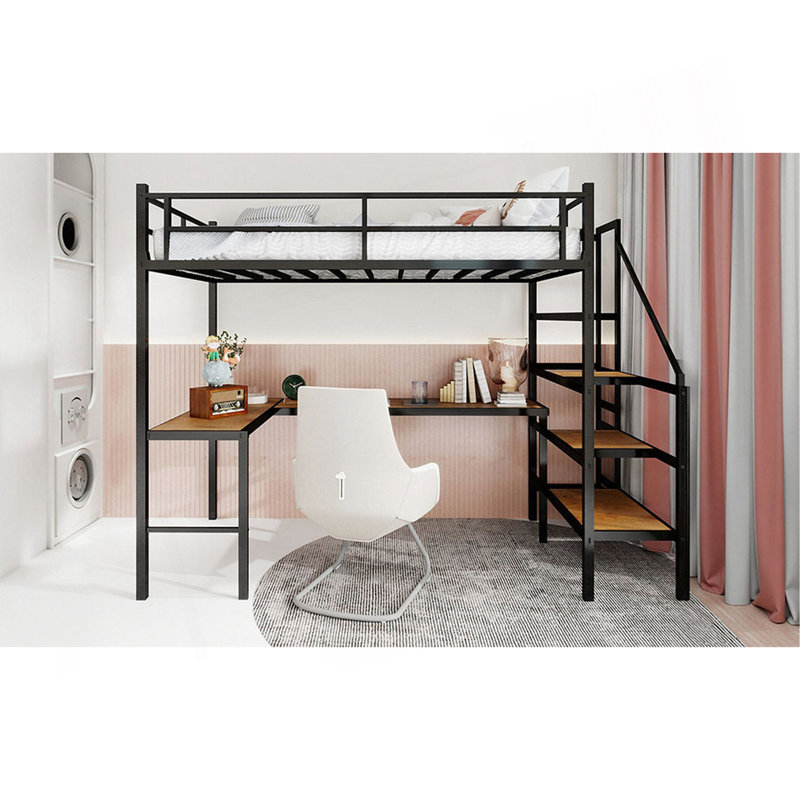 Lit mezzanine avec bureau en forme de L, grand espace de rangement et compartiments de rangement, structure de lit robuste avec escalier, garde-corps continu, peu encombrant, silencieux