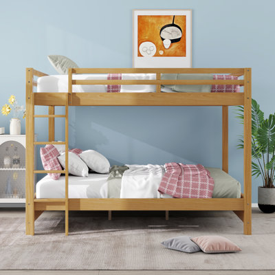 Queen Over Queen Wood Bunk Bed With Ladder, Solid Wood Platform Bed Frame For Kids Teens