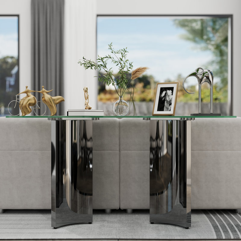 60 Inch Clear Glass Console Table Sofa Table With Mirrored Silver Geometric Base For Entryway Hallway Living Room