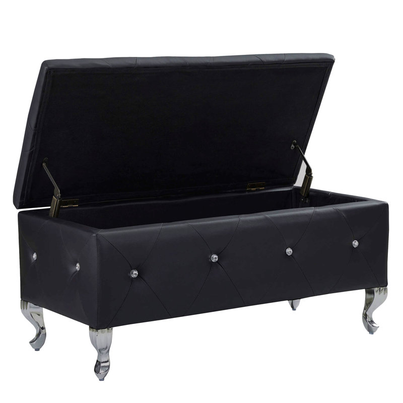 Upholstered Storage Ottoman Bench For Bedroom End Of Bed Faux Leather Rectangular Storage Benches Footrest With Crystal Buttons For Living Room Entryway