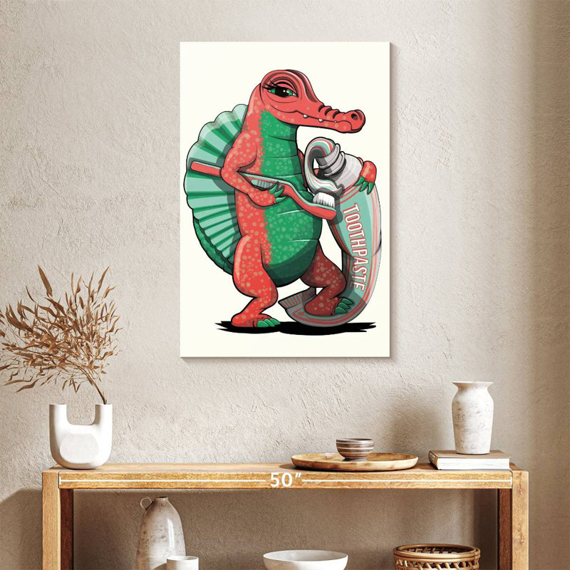 Spinosaurus se brossant les dents dans la salle de bain, H 36 po x l 24 po