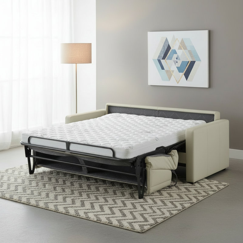 Adalise Italian 77" Genuine Top Grain Leather Queen Square Arm Pull Out Sleeper Sofa Bed with Memory Foam Mattress